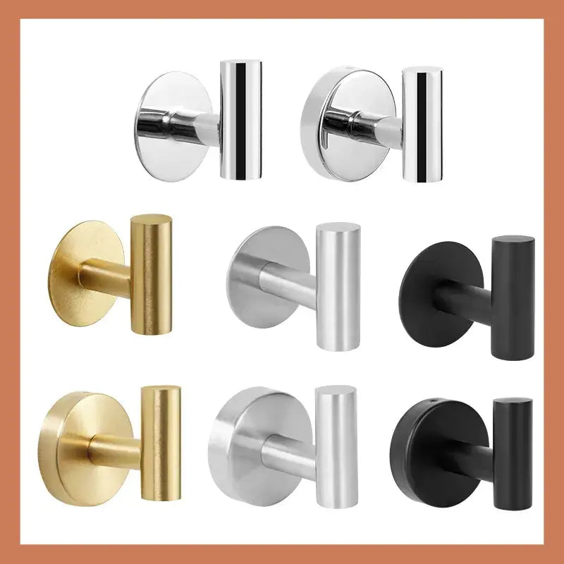 Modern wall-mounted hooks available in polished chrome, brushed gold, matte silver, and black finishes.