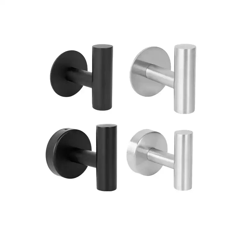 Set of four modern t-shaped wall hooks in matte black and brushed stainless steel finishes.