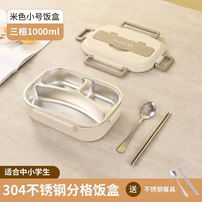Cream-colored, three-compartment lunchbox with stainless steel interior and beige plastic exterior.
