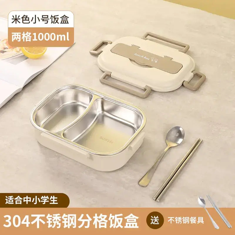 Beige two-compartment 1000ml stainless steel lunchbox with a sleek, modern design and durable handles.