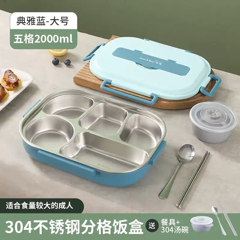 Light blue and silver 304 stainless steel five-compartment lunchbox with a matching lid, featuring ergonomic handles.