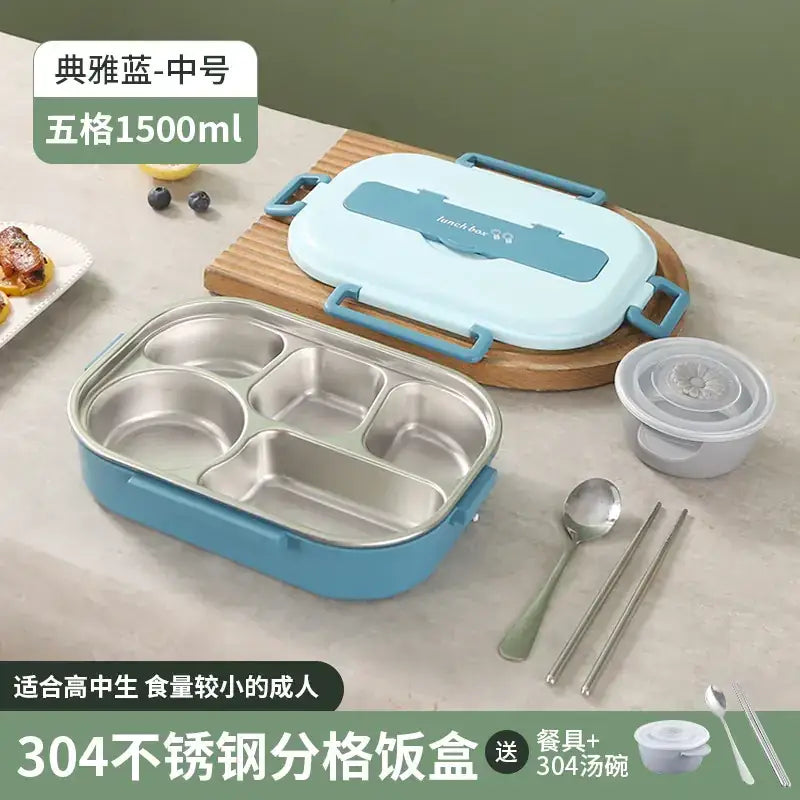 Light blue and teal 304 stainless steel five-compartment lunchbox with a matching lid, featuring sturdy handles and a sleek modern design.