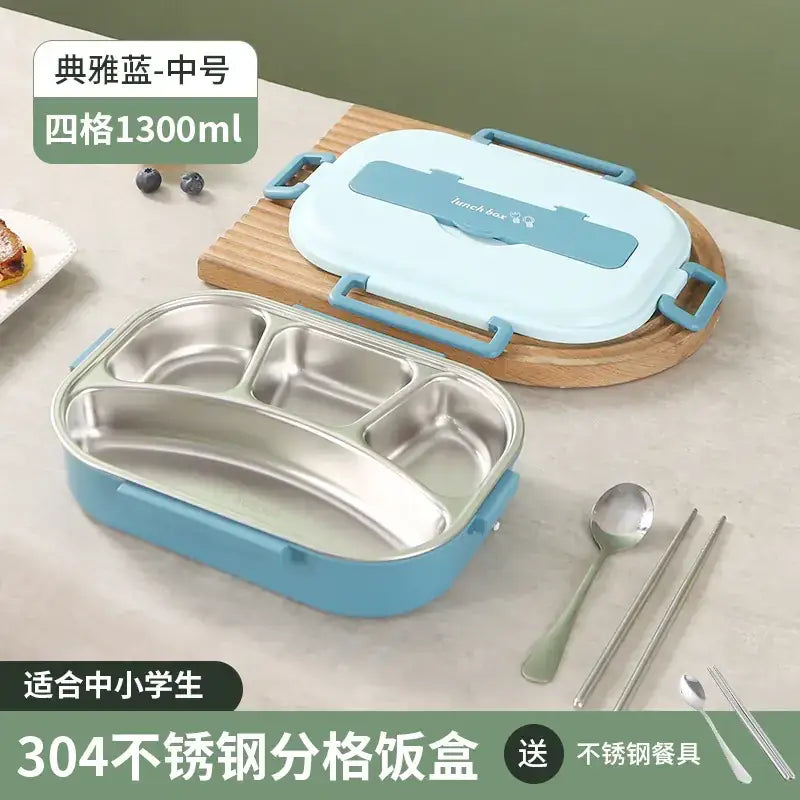 Light blue, rectangular 304 stainless steel compartmentalized lunchbox with a matching lid and handles.