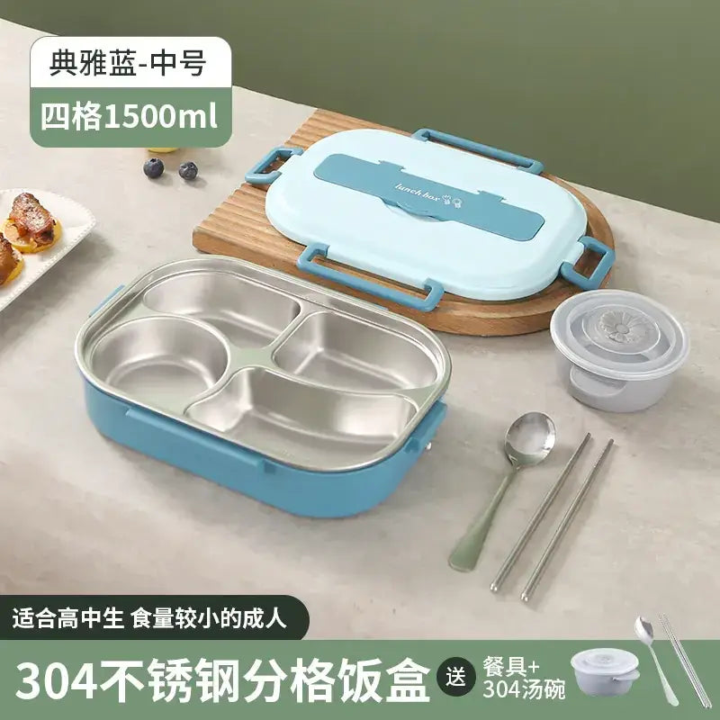 Light blue and stainless steel 304-grade stainless steel compartmentalized lunchbox with a matching lid, featuring two side compartments and one central divider.