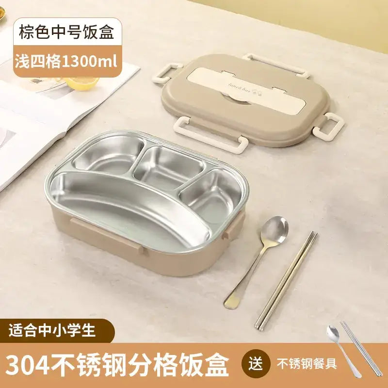 Beige insulated lunchbox with stainless steel interior compartments and white plastic handles, featuring a 1300ml capacity.