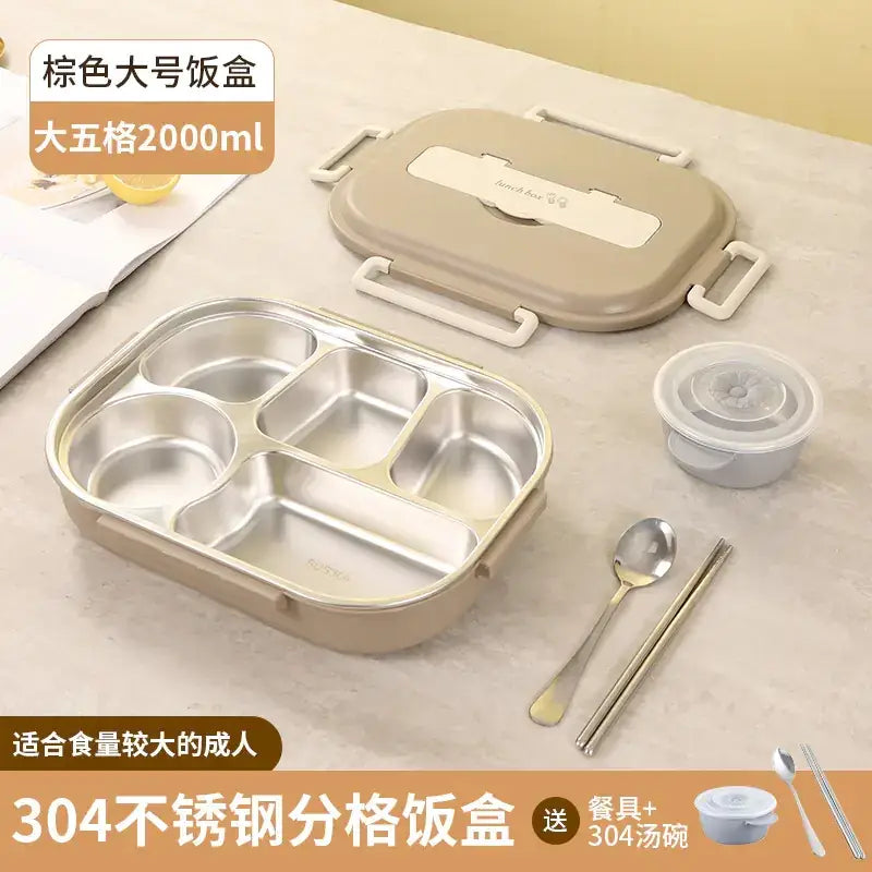 Beige 304 stainless steel compartmentalized lunchbox with five sections and a matching lid, designed for adults.