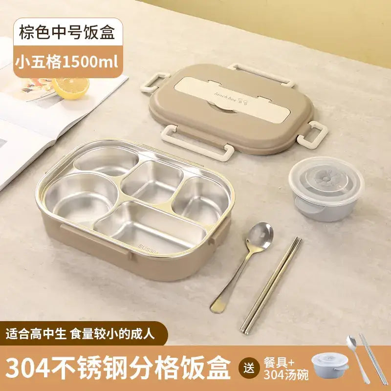 Beige 304 stainless steel compartmentalized lunchbox with a matching lid and white plastic handles, designed for portion control.