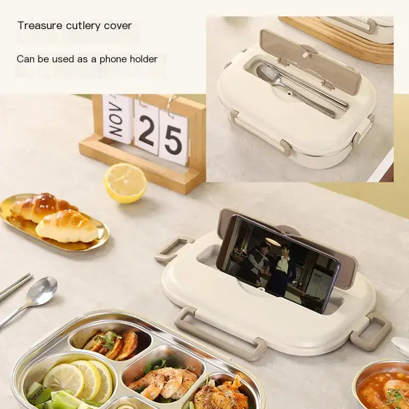 Cream-colored plastic treasure cutlery cover with a built-in phone holder and stainless steel utensils.