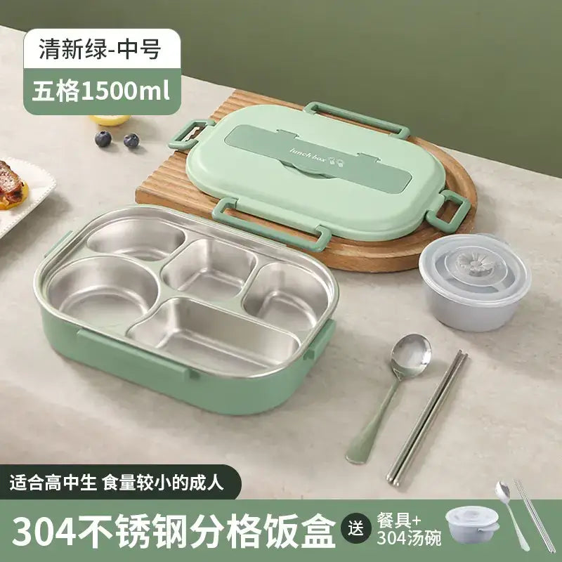 Mint green plastic-lidded 304 stainless steel five-compartment lunchbox with integrated handles and a matching lid featuring the ’bunch box’ logo.