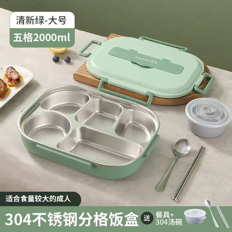 Mint green plastic-lidded 304 stainless steel five-compartment lunchbox with handles