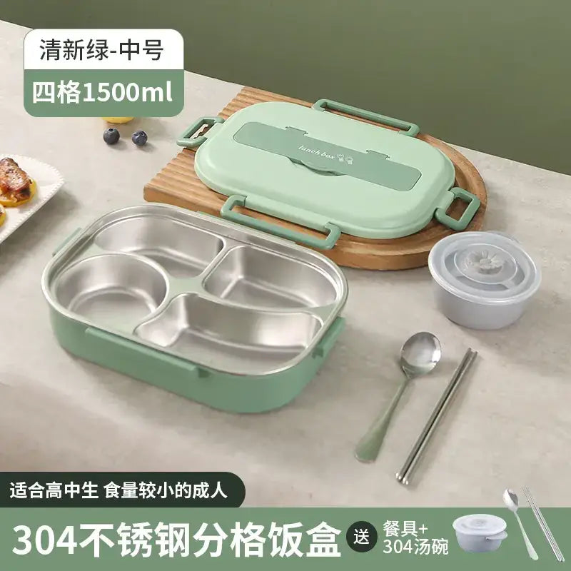 A mint green, rectangular 304 stainless steel lunchbox with a four-compartment interior and matching lid.