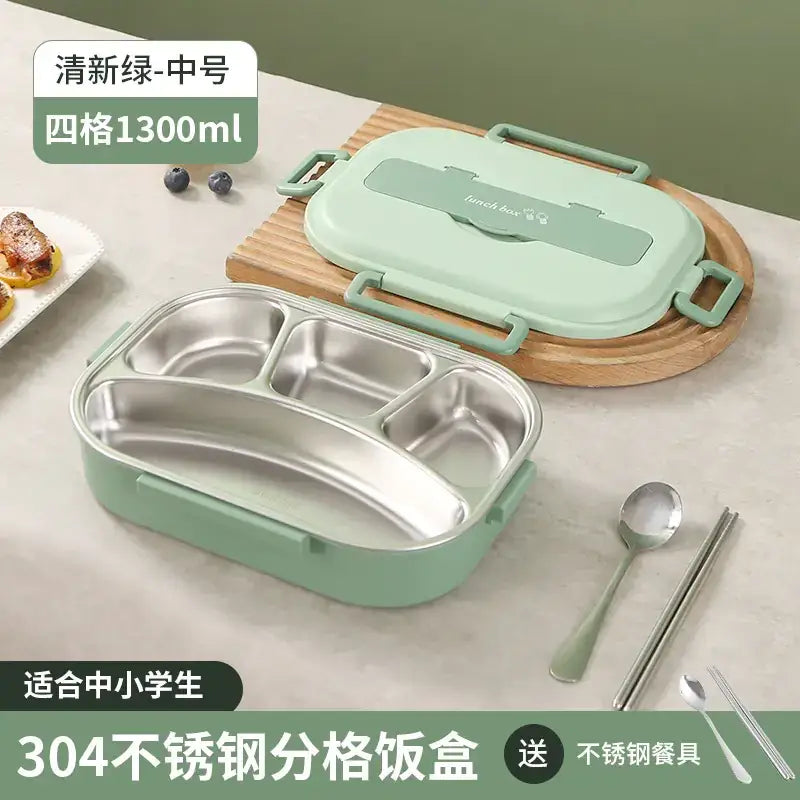 Mint green plastic-lidded stainless steel lunchbox with four compartments and a 1300ml capacity.