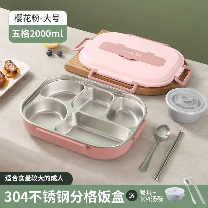Pink樱花粉 2000ml five-compartment stainless steel lunchbox with a matching lid and pink handles.