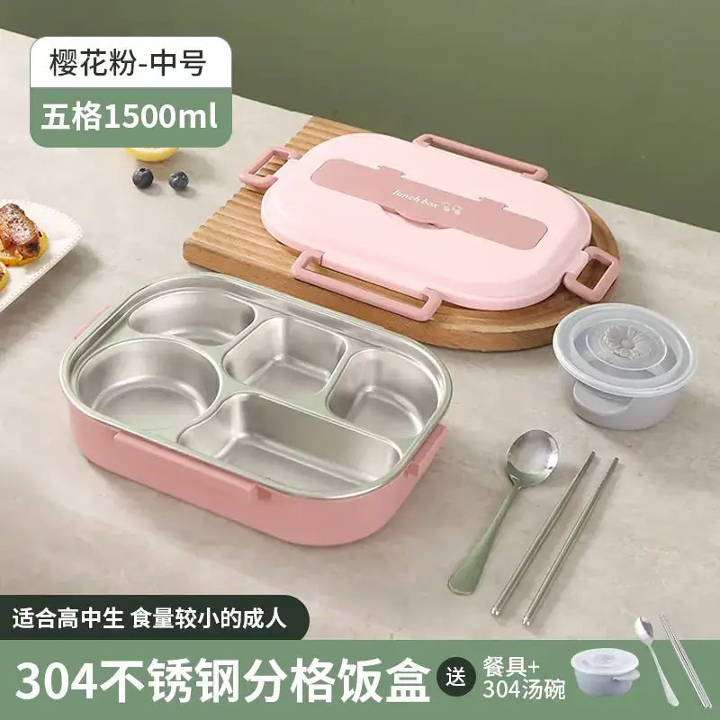 Pink 304 stainless steel five-compartment lunchbox with a matching pink lid and handles.