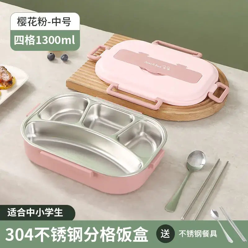Pink樱花粉 1300ml four-compartment stainless steel lunchbox with a matching lid and side handles.