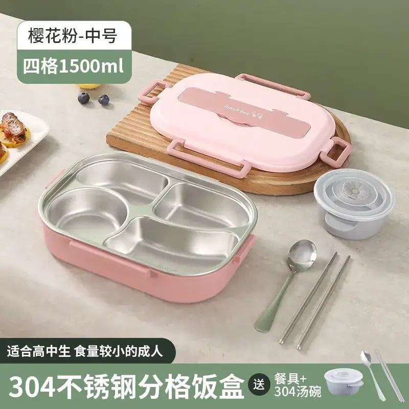 Pink 304 stainless steel compartmentalized lunchbox with a matching lid and pink handles.