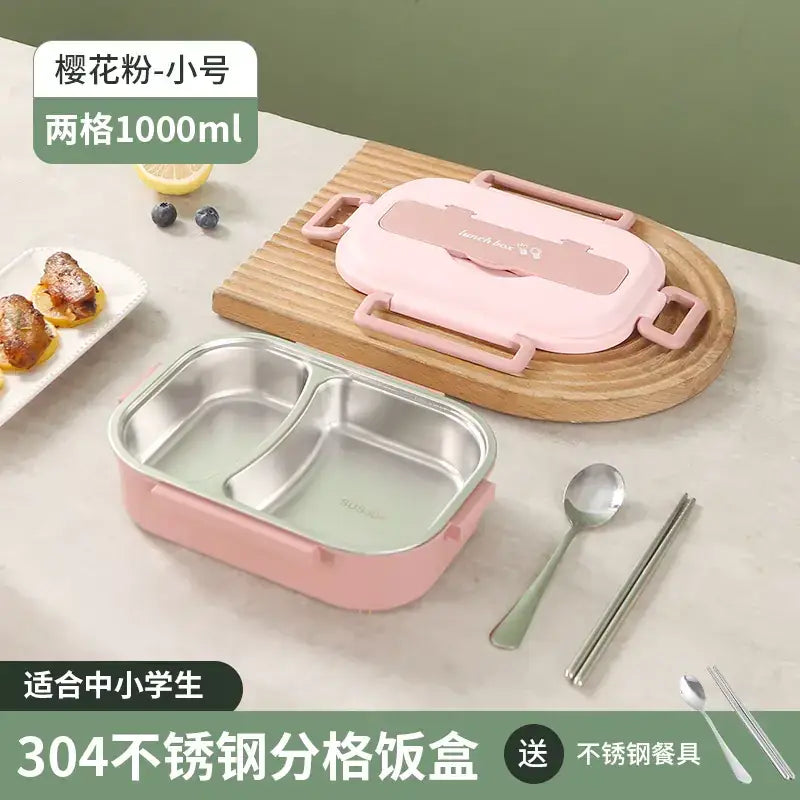 Pink樱花粉 two-compartment 1000ml stainless steel lunchbox with a matching lid and handles.