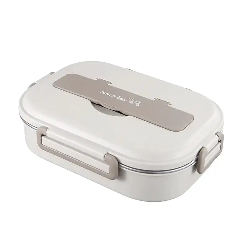 A sleek, off-white rectangular lunch box with a gray handle and latches.