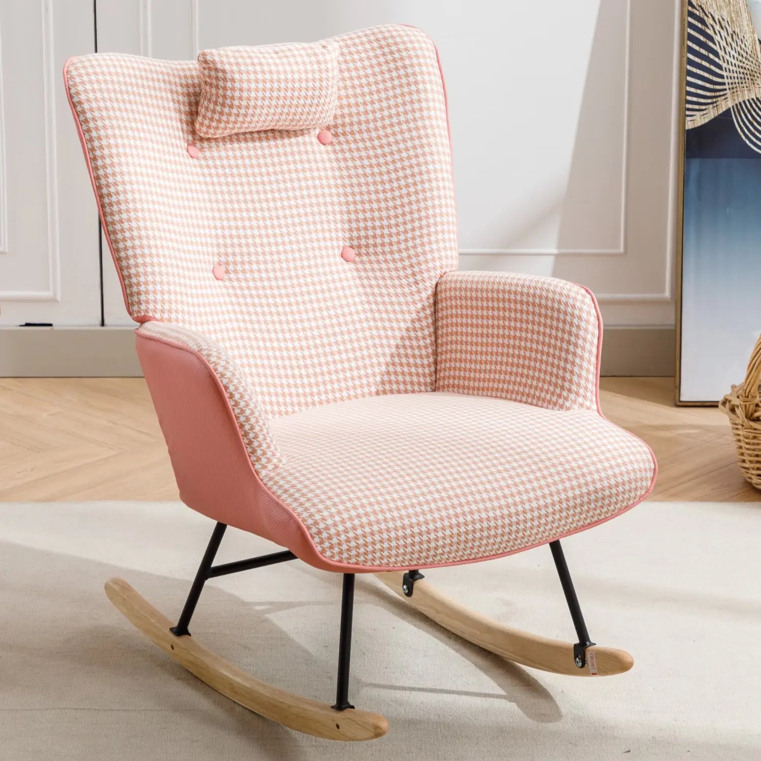35.5 Inch Rocking Chair Soft Houndstooth Fabric Leather Fabric Rocking Chair For Nursery Comfy Wingback Glider Rocker