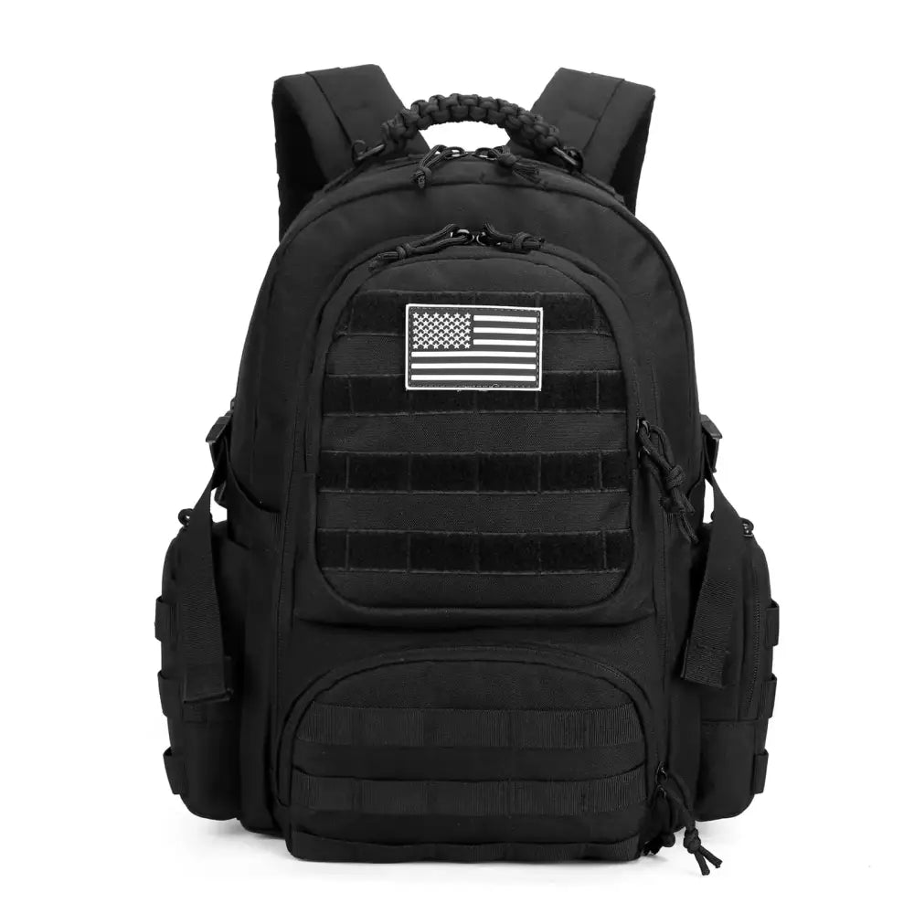 Black tactical backpack with a white american flag patch and multiple utility pockets.