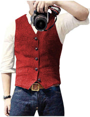 Mens Suit Vest Waistcoat Tweed Retro V Neck Wool Herringbone for Prom
