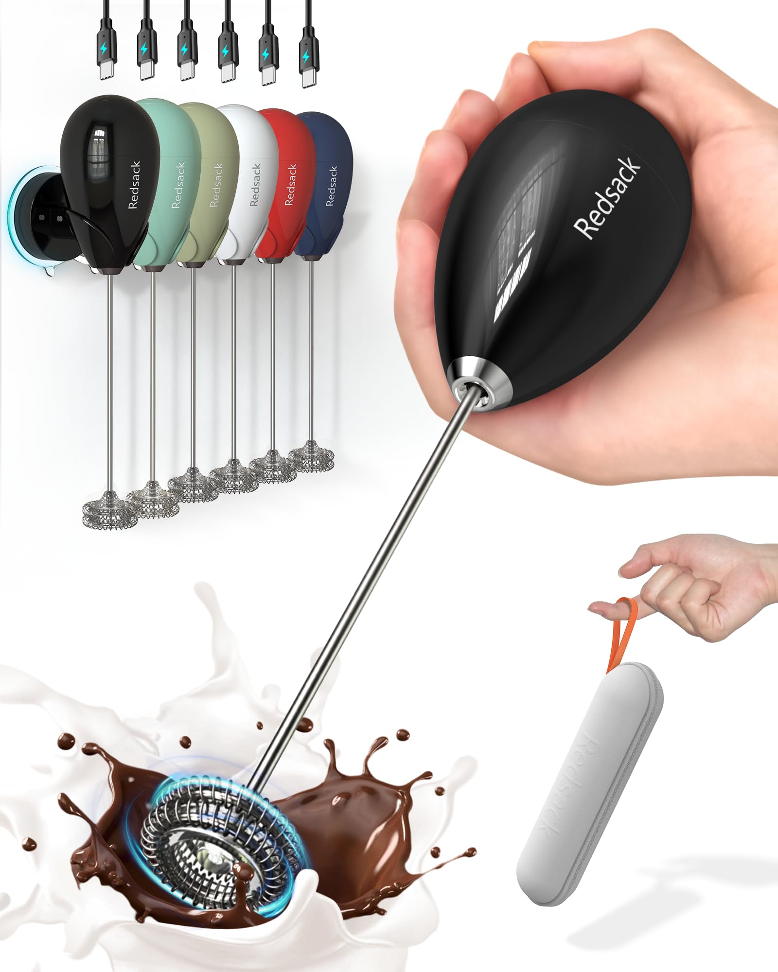 Milk Frother Handheld with CaseUSB C Rechargeable Frother Wand for Coffee Portable Electric Whisk with StandWaterproof Hand Drink Mixer Travel for Lattes Cappuccino Matcha Egg (Black)