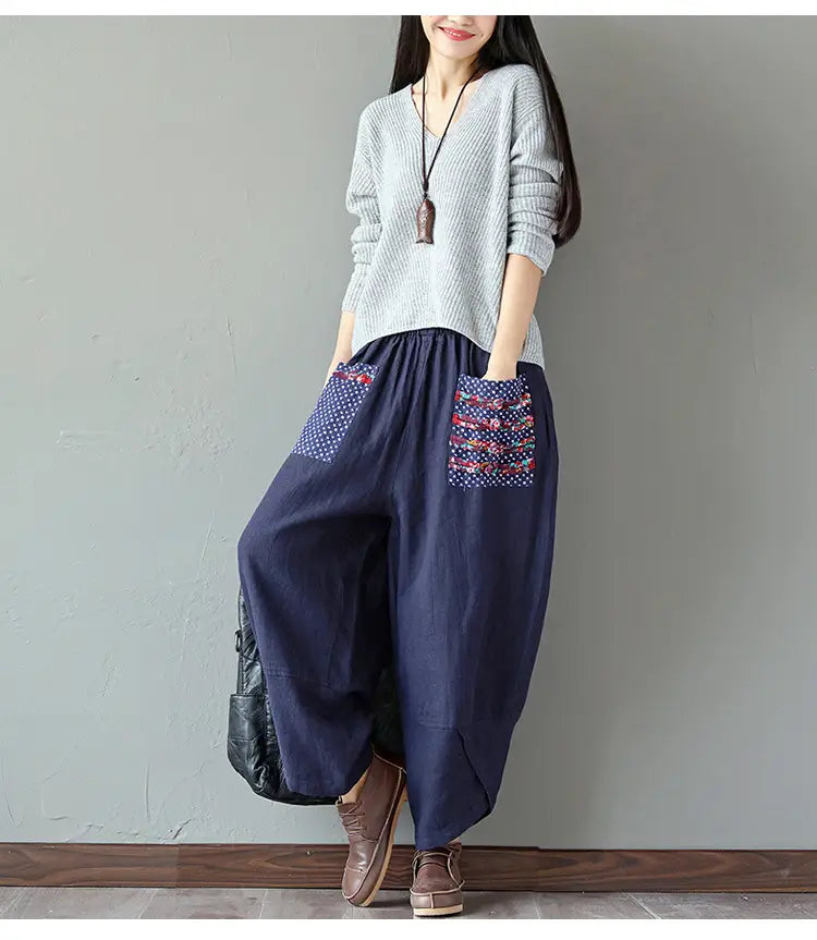 Patchwork Cotton-Linen Wide-Leg Pants 2