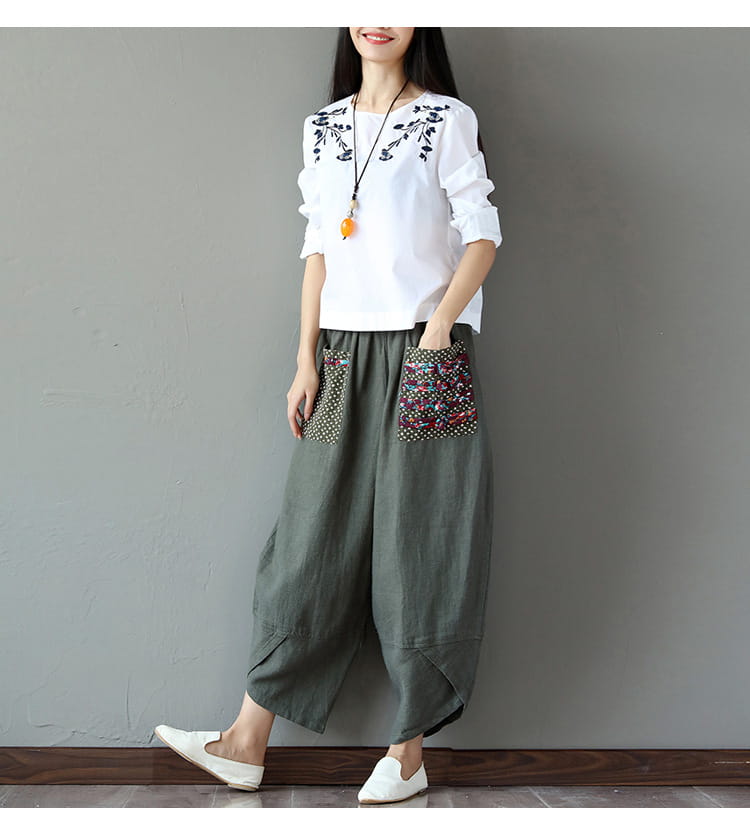 Patchwork Cotton-Linen Wide-Leg Pants 3