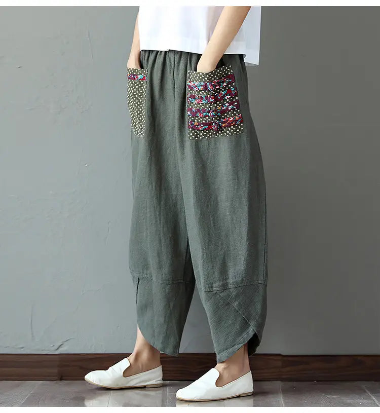 Patchwork Cotton-Linen Wide-Leg Pants 4