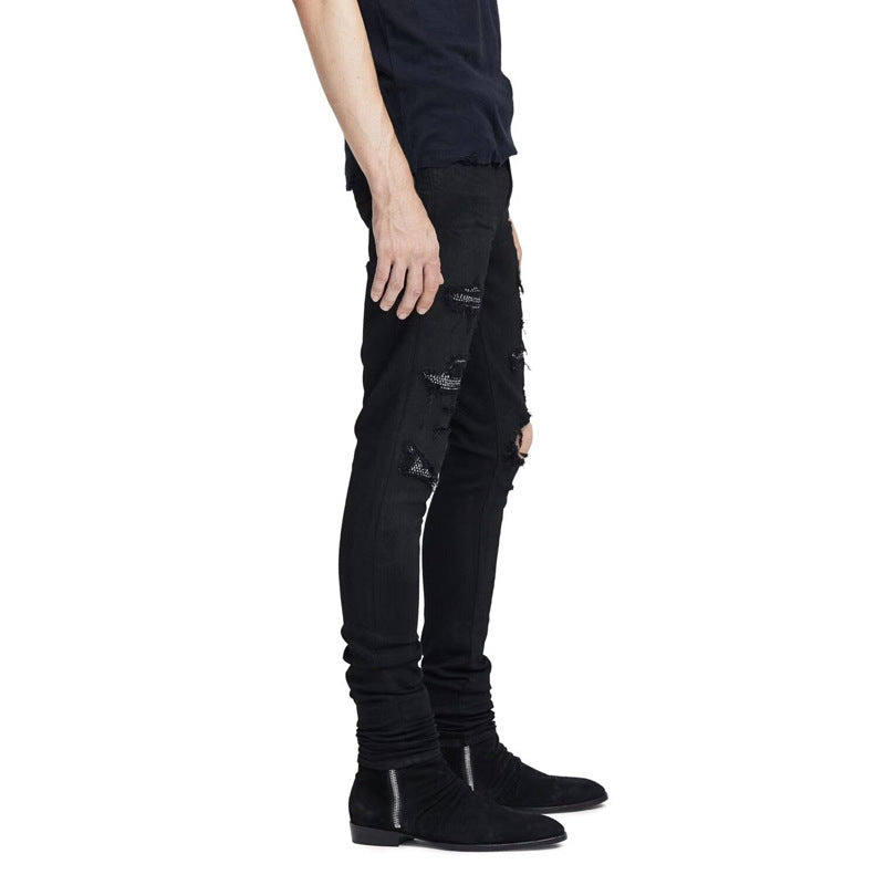 AMIRI Men's Black Slim Fit Distressed Jeans with Patches
