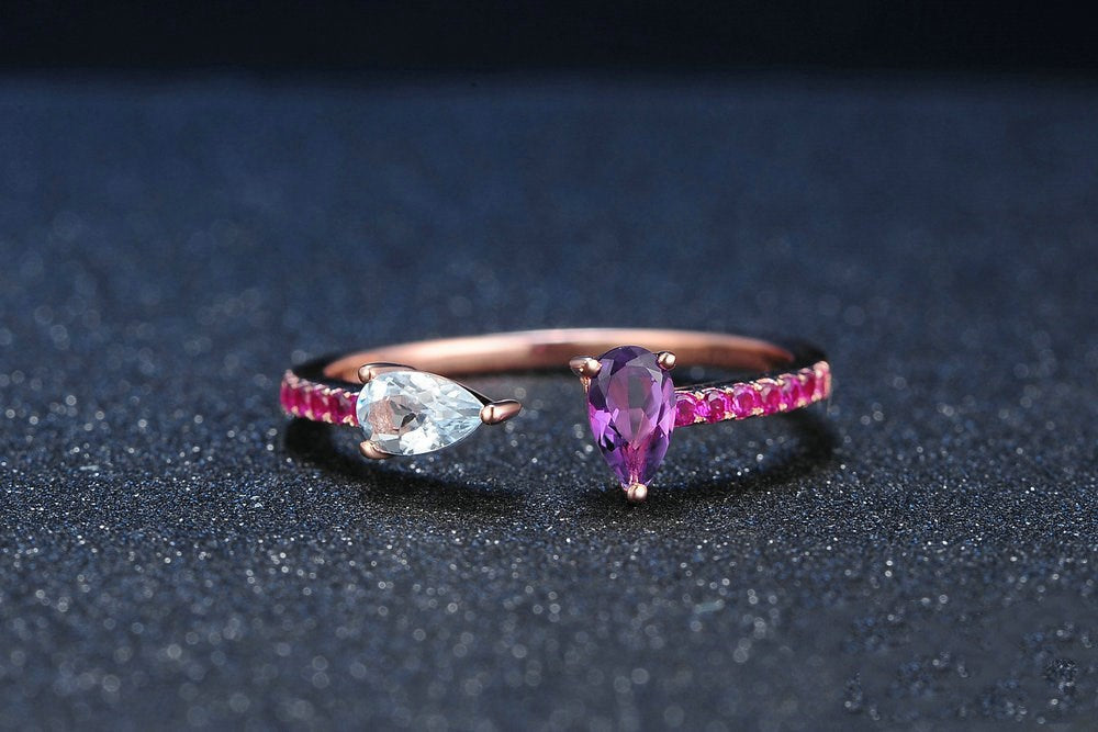 Rose Gold Ring with Amethyst and Silver Gemstone Jewelry