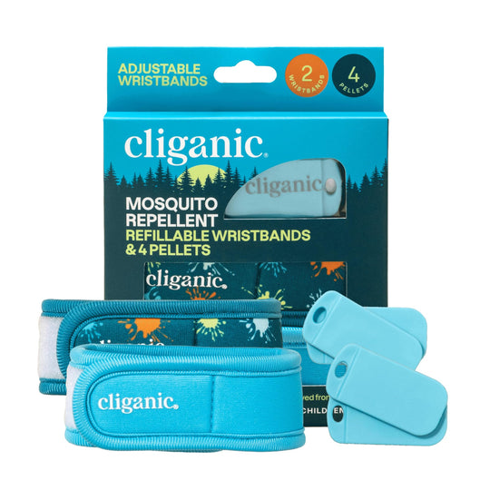 Cliganic Mosquito Repellent Pack (2 Wristbands + 4 Refill Pellets) - Adjustable Natural DEET-Free Essential Oil Infused