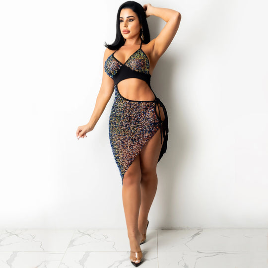 HTH Sequin Halter Lace-up Dress with Cut-out Slit