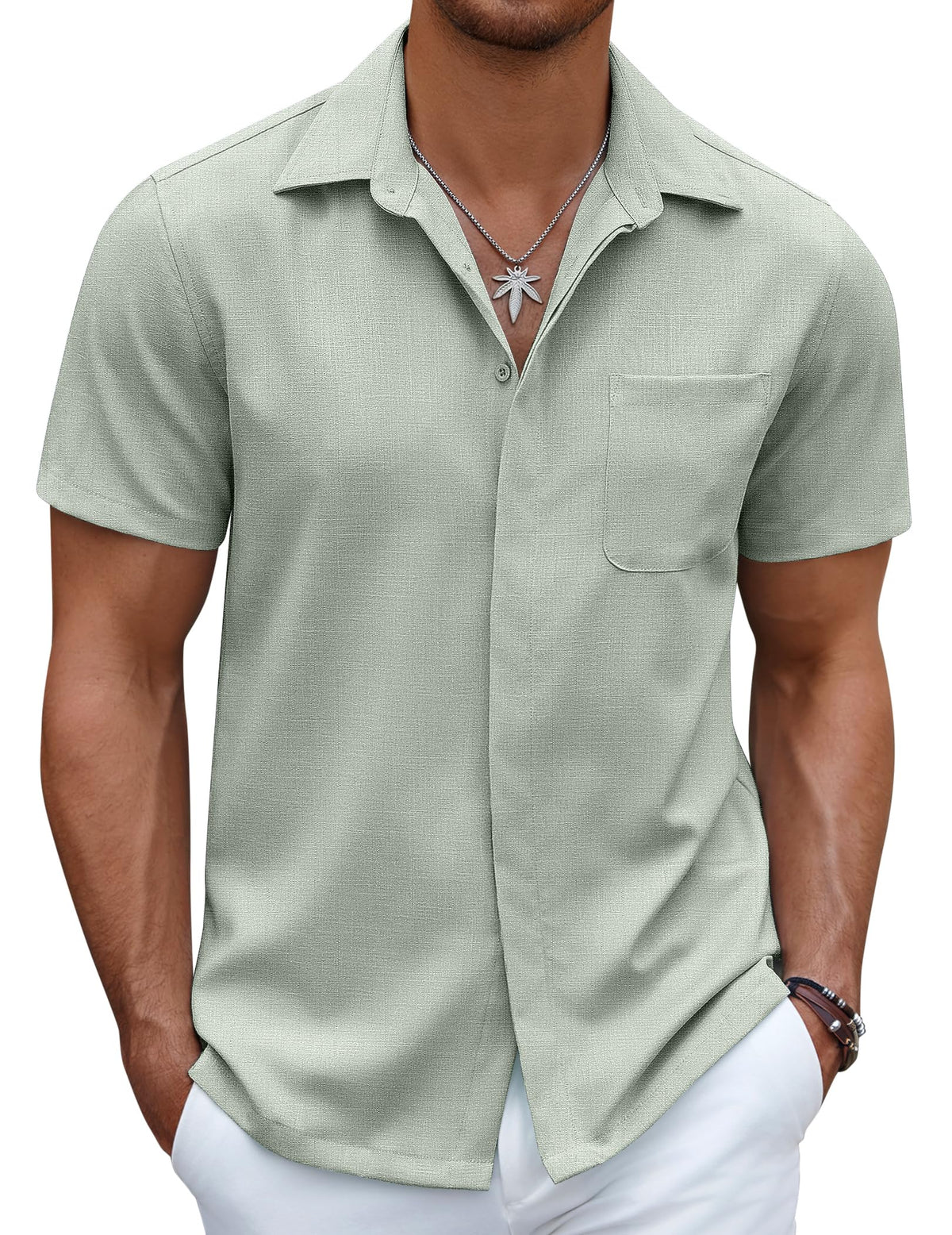 COOFANDY Mens Linen Texture Shirt Short Sleeve Untucked Dress Shirts Summer Vacation Shirts Light Green