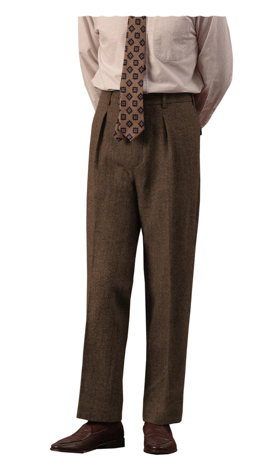 Retro Mens Tweed Suit Pants Herringbone Dress Pants Casual Regular Fit Wool Trousers(Brown 40W x 30L)