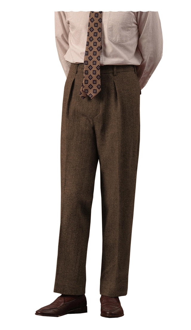 Retro Mens Tweed Suit Pants Herringbone Dress Pants Casual Regular Fit Wool Trousers(Brown 40W x 30L)