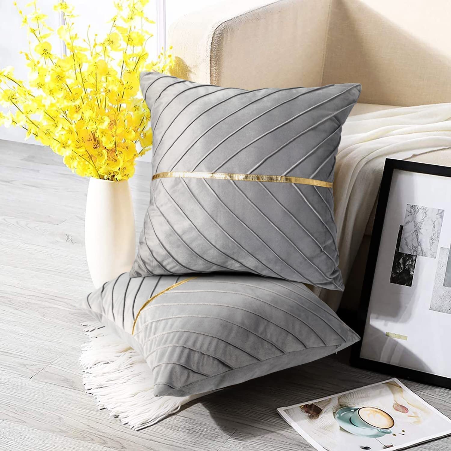 Decorative Gold Leather Throw Pillow Covers 18x18 (Set of 2)