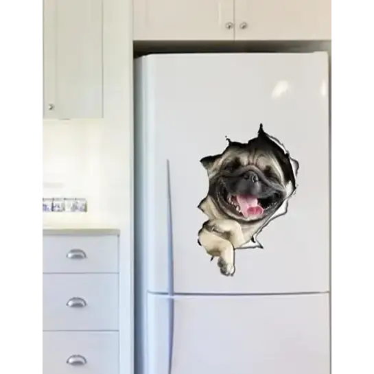 A beige and black pug dog decal with a 3d effect, appearing to peek through a torn hole in the refrigerator door.