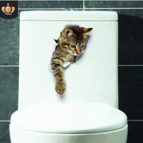 A brown tabby cat sticker with detailed fur and a playful peeking design, adhered to the side of a white toilet tank.