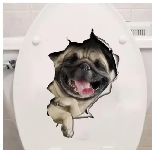 A cheerful fawn pug with a black muzzle and tongue peeking out, appearing to burst through the white toilet seat lid.