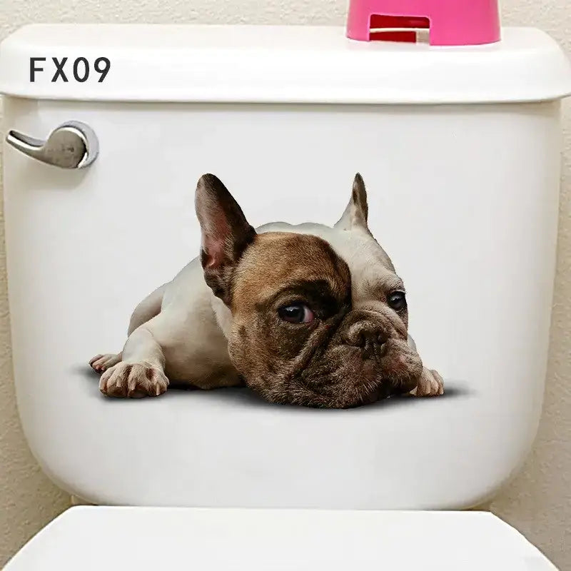 White toilet tank featuring a realistic, two-toned french bulldog decal with brown and white fur.