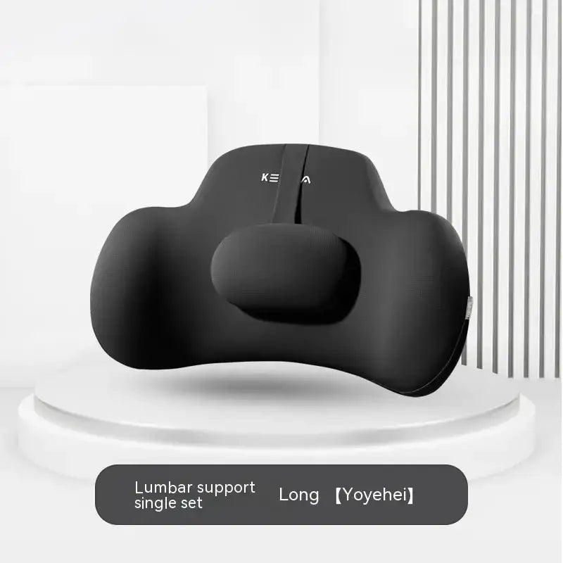 Black ergonomic lumbar support pillow with a contoured design and subtle brand logo.