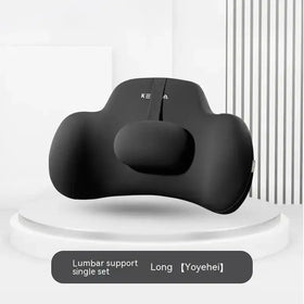 Black ergonomic lumbar support pillow with a contoured design and subtle brand logo.