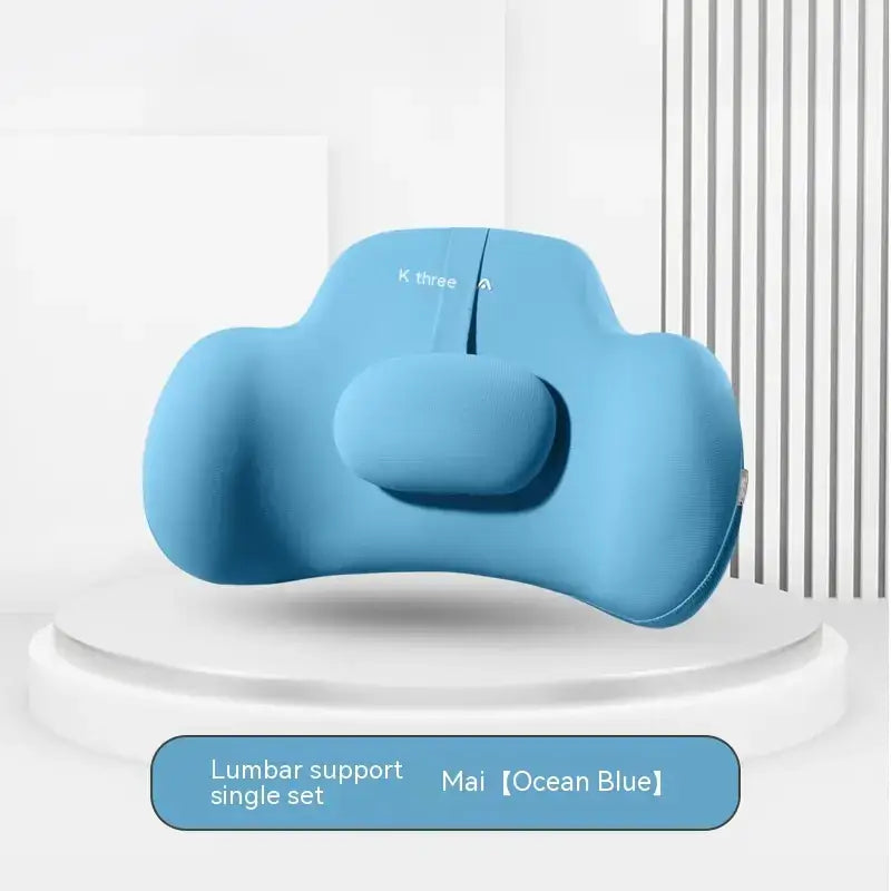 Ocean blue k three mai lumbar support pillow with a contoured design and soft fabric cover.