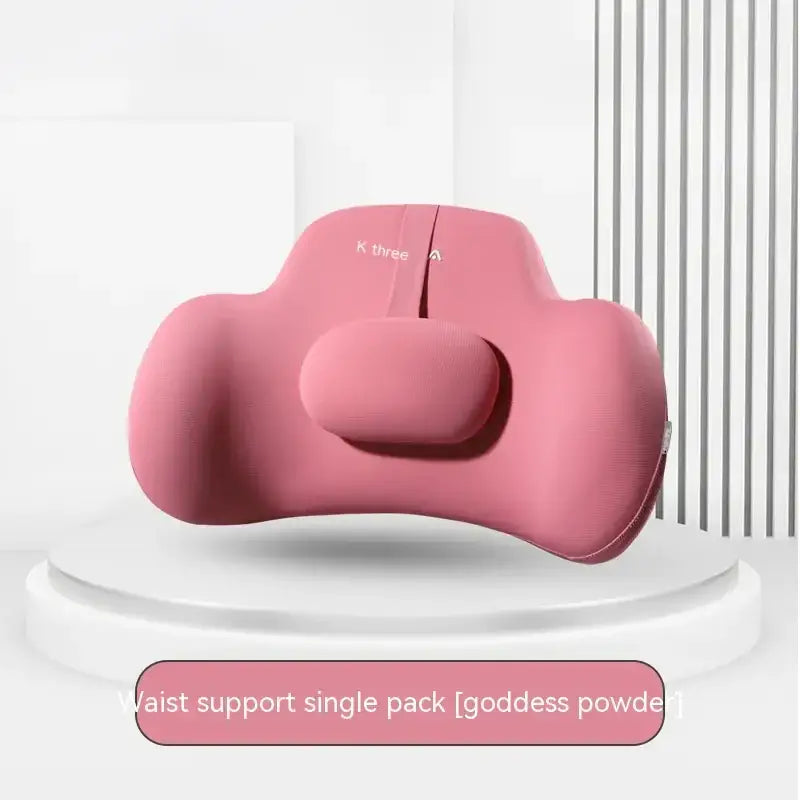 Pink k three brand waist support pillow in a soft, contoured design.