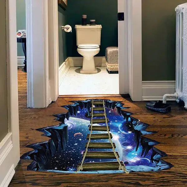 A vibrant 3d floor decal depicting a cosmic ladder leading into space, featuring deep blues and purples with stars and planets.
