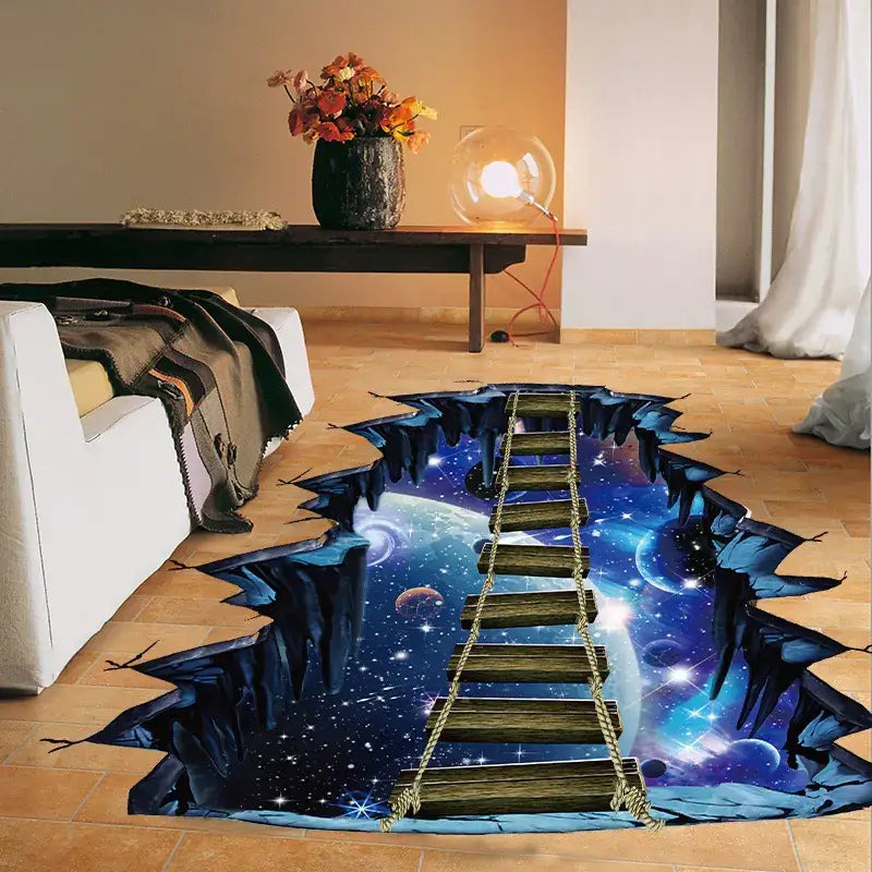 A cosmic 3d floor decal featuring a wooden ladder with rope sides leading into a starry space scene.