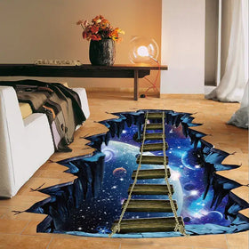 A cosmic 3d floor decal featuring a wooden ladder with rope sides leading into a starry space scene.