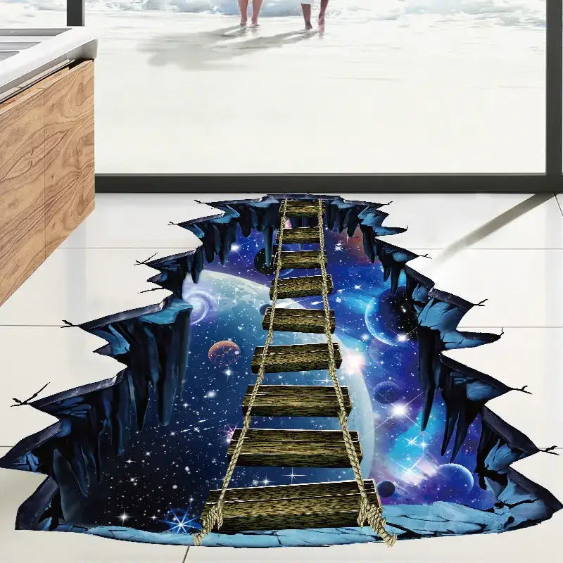 A cosmic 3d floor decal featuring a rustic wooden ladder with rope sides leading into a vibrant blue and purple starfield, planets, and nebulae.