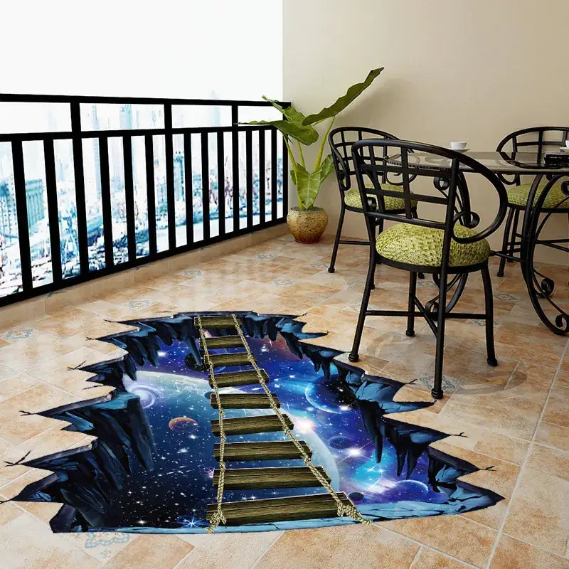 A cosmic 3d floor decal featuring a wooden ladder with rope sides leading into a starry space scene.